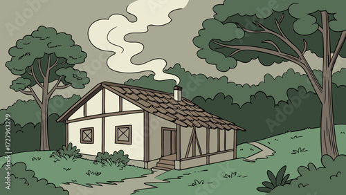 Cartoon house in forest landscape vector illustration drawing home chimney smoke trees nature scenic cottage woods 100