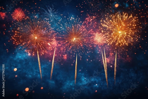 colorful fireworks exploding in the night sky against a blue smoky background creating a festive and celebratory atmosphere