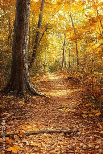 Sunlit autumn forest pathway covered with fallen orange and yellow leaves surrounded by tall trees in a peaceful natural setting