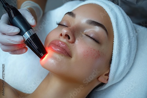 close-up of a woman calmly receiving a red light skin treatment on her chin while wearing a white headband and lying down with eyes closed