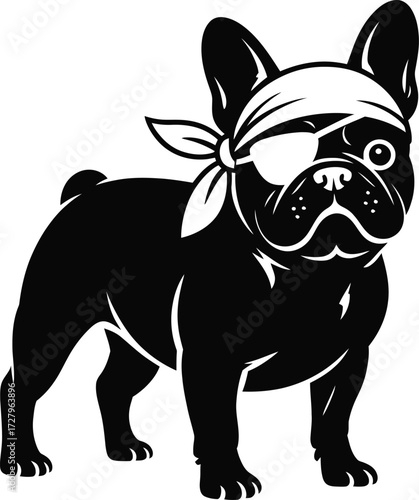French Bulldog Pirate Silhouette with Bandana and Eye Patch Vector Art