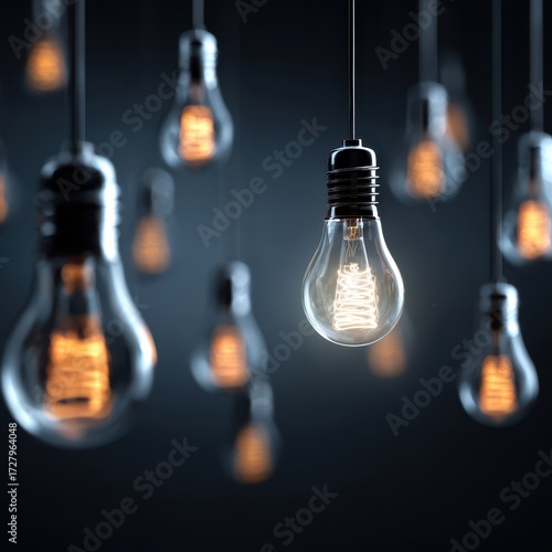 Glowing Filament Light Bulbs Hanging Against Dark Backdrop, Creative Concept.