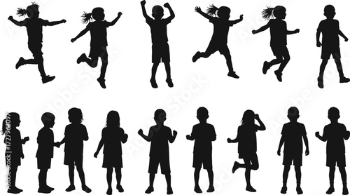 Children silhouettes, kids playing, running, jumping, standing, happy childhood activity, outdoor fun, vector illustration, black silhouettes, isolated design, 