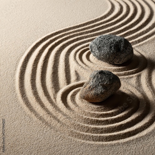 Serene Zen Garden - Two Stones in Sand, Raked Lines, Tranquil Composition.