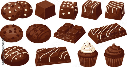 Chocolate dessert collection, cookies, brownies, truffles, cupcakes, sweet bakery treats, cocoa candy bars, delicious pastries, homemade sweets, gourmet chocolate illustration