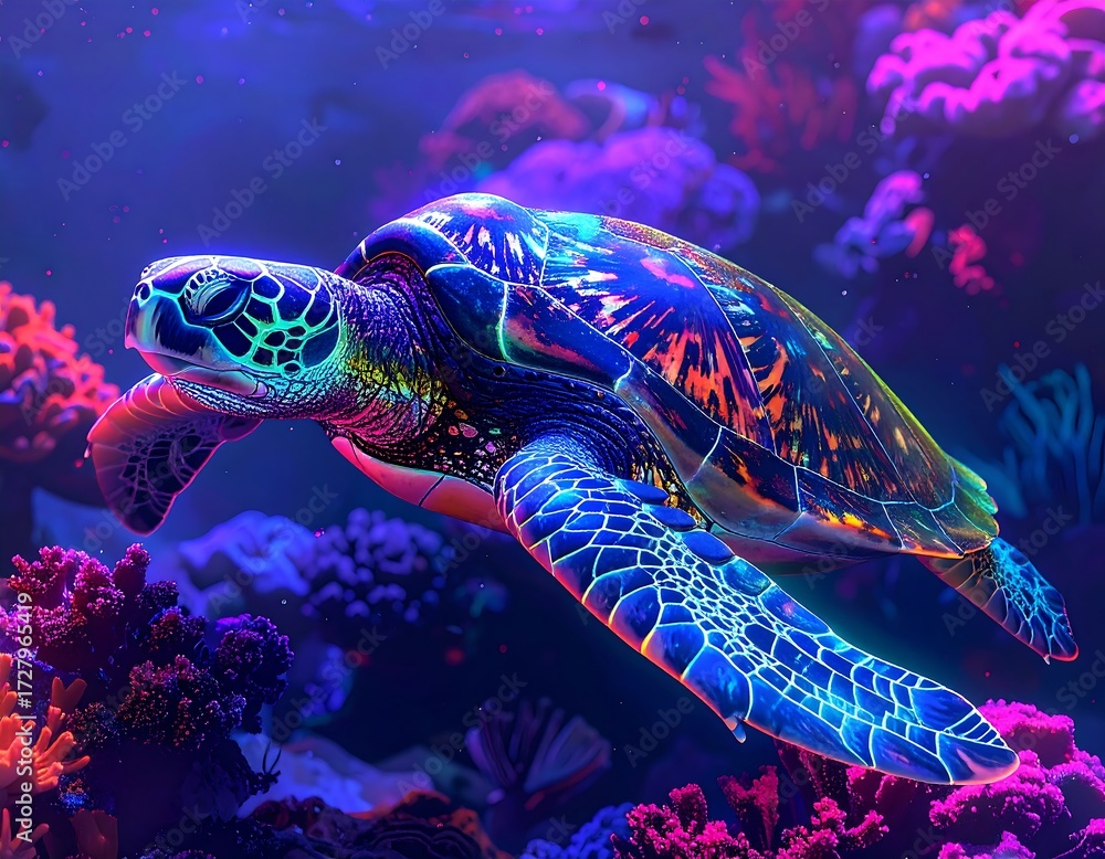 Fototapeta premium Vibrant sea turtle in glowing coral reef