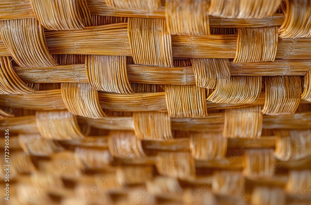 Obraz premium Close-up view of woven straw texture showing natural fibers in an intricate basket pattern with warm brown tones and detailed craftsmanship