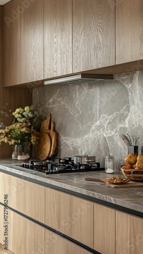 Modern Kitchen Interior Design in Wooden Cabinets and Marble Countertops