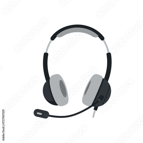 A grey and black headset with an adjustable boom microphone isolated on a white background.