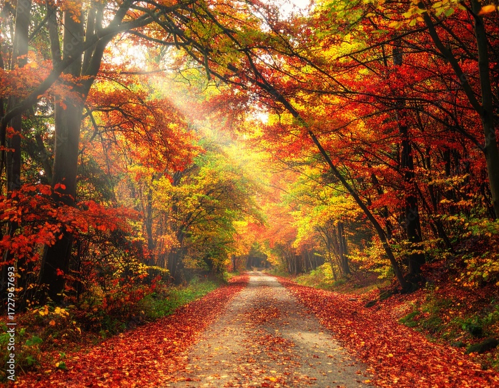 Fototapeta premium Autumn trail illuminated by fall sun rays