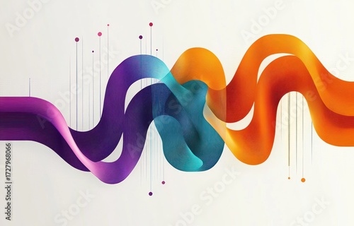 Colorful abstract waves intertwining in smooth flowing curves with dots and thin vertical lines creating a dynamic and modern visual effect