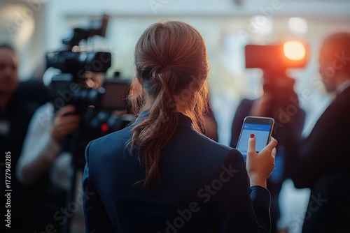 woman in dark blazer holding smartphone filming or attending an event with cameras and bright lights in background