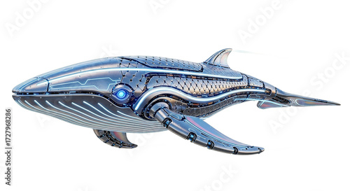 Robotic whale with metallic blue skin and visible mechanical components on white background.