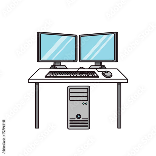 A dual-monitor computer setup with a desktop tower, keyboard, and mouse on a white desk.