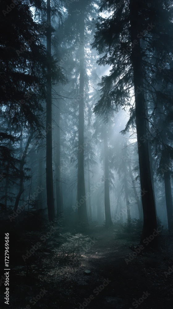 Fototapeta premium Mystical Forest - Atmospheric Fog and Sunlight Piercing Through Tall Trees.