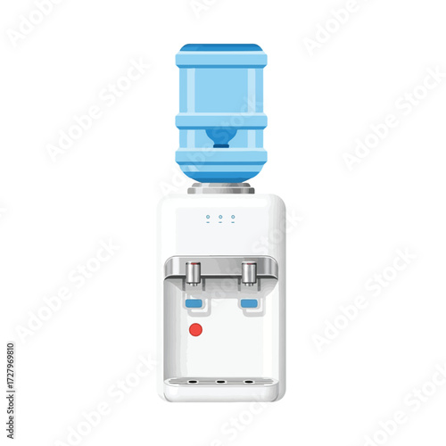 A modern white water cooler with a blue water bottle on top, featuring two dispensing taps and indicator lights.