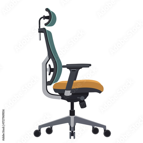 Ergonomic office chair with teal mesh back, orange seat, adjustable headrest, and wheeled base.