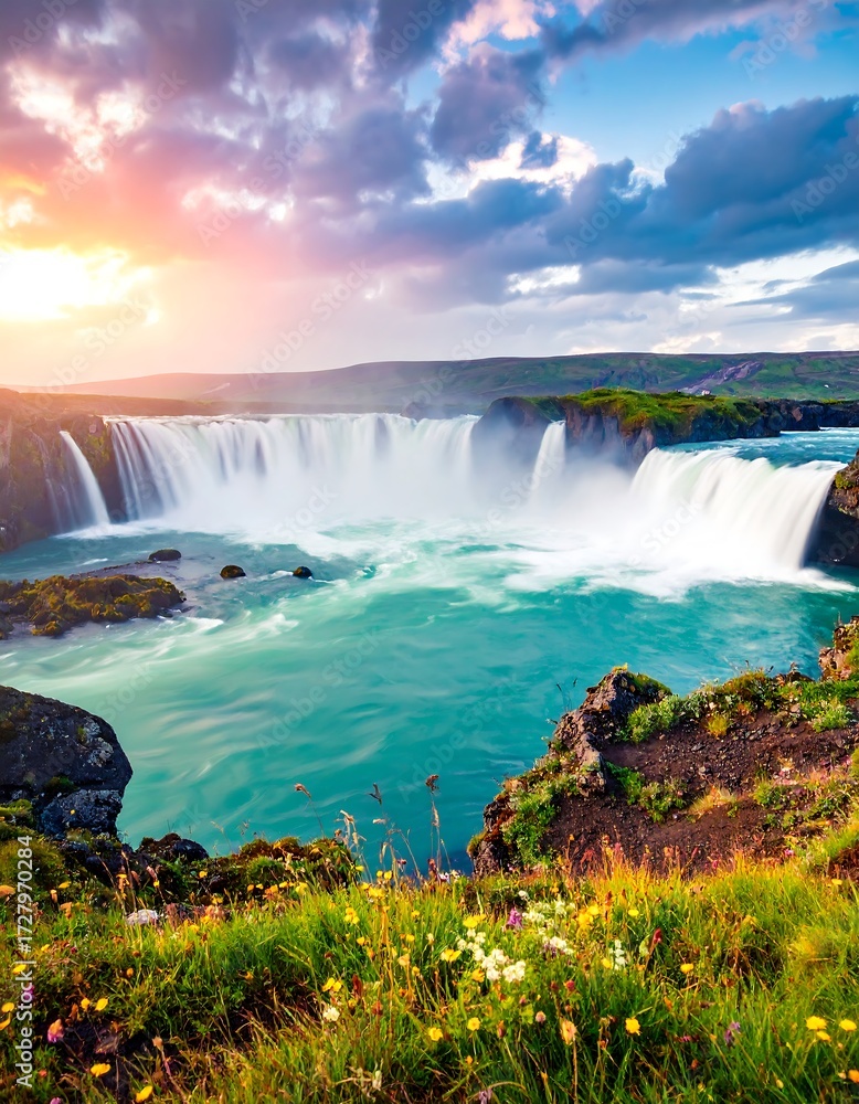 Fototapeta premium Scenic waterfall at sunset