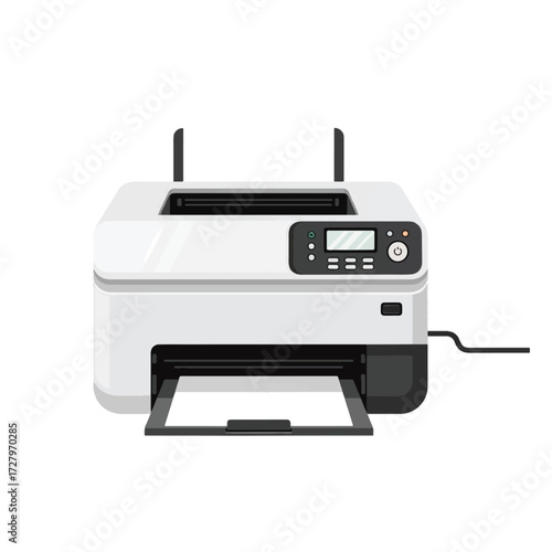 A modern white office printer with paper in the output tray, ready for printing documents.