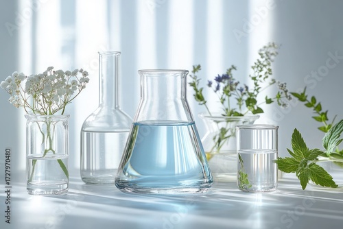 Clear laboratory glassware filled with water and small delicate flowers arranged on a white surface with soft natural lighting creating a calm and fresh atmosphere