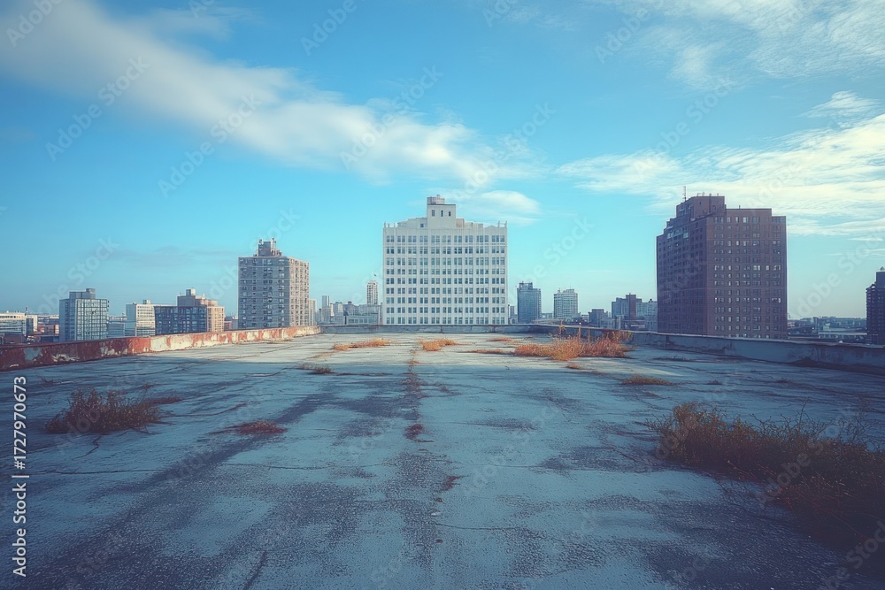 Obraz premium Wide rooftop view with scattered dry plants and looming urban buildings under a bright blue sky with soft clouds, evoking a calm yet deserted atmosphere