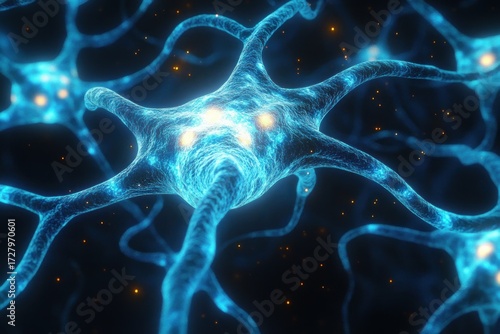 Close-up visualization of glowing blue neural cells with branching extensions and bright orange synaptic signals in a dark environment