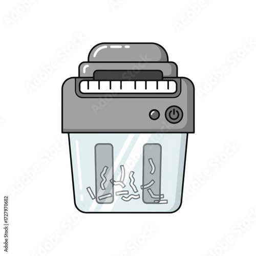 Cartoon illustration of a gray paper shredder with a transparent bin containing shredded paper, on a white background.