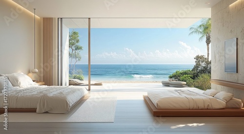 Modern minimalist bedroom with two large beds overlooking a serene beach and blue ocean under a clear sky through floor-to-ceiling glass doors