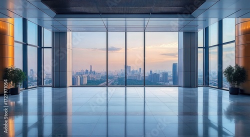 Empty modern high-rise office space with floor-to-ceiling windows overlooking a city skyline at sunset, creating a calm and spacious atmosphere