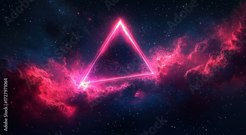 Glowing neon pink triangular frame floating in a starry galaxy with vibrant pink and purple cosmic clouds, evoking a sense of mystery and cosmic energy