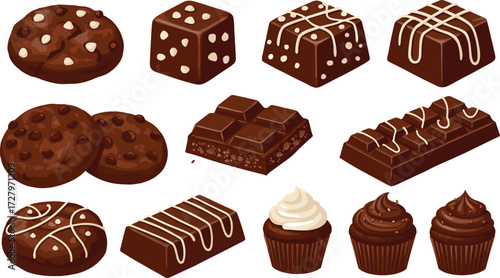 Delicious chocolate cookies, sweet cupcakes, assorted truffles, tasty brownies, gourmet desserts, chocolate bars, homemade treats, bakery sweets, cocoa delights, confectionery