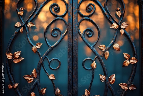ornate metal gate with intricate swirling patterns and golden leaves illuminated by warm light, creating a decorative and elegant ambiance