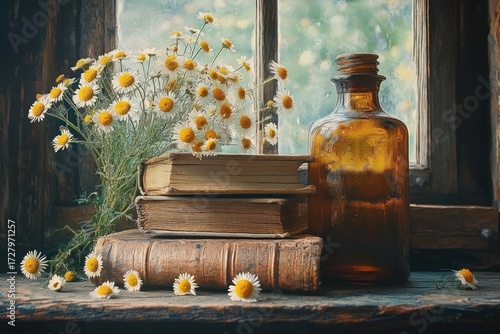 Rustic still life with old stacked books, a brown glass bottle, and a bunch of small white and yellow daisies by a window with soft natural light