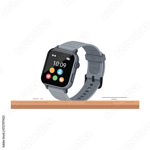 Illustration of a gray smartwatch with a black screen displaying the time 10:09.