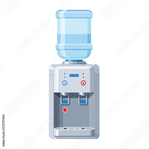 Gray water cooler with plastic water reservoir and two spouts.