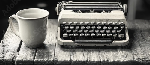 Black and white photo of a vintage typewriter and a ceramic coffee mug on a rustic wooden table, evoking a nostalgic and focused atmosphere