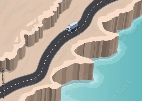 Isometric highway passing through high rock cliffs