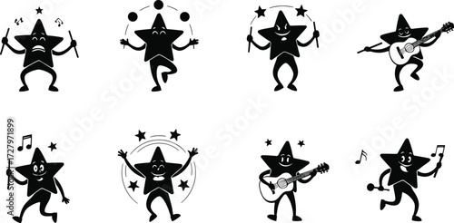 Cartoon black star characters playing music, dancing, juggling, drumming, hula hoop, vector mascot illustration, fun emotional activity design