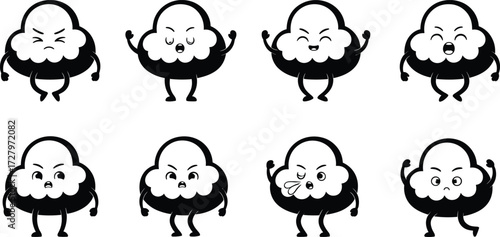 Cartoon clouds, funny characters, anthropomorphic illustration, kids drawing, comic style doodle, animated cloud clipart, expressive weather design, playful sky sketch