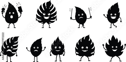 Cartoon leaves, funny characters, anthropomorphic illustration, kids drawing, comic style doodle, animated leaf clipart, expressive nature design, playful eco sketch