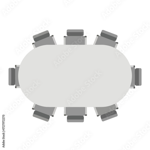 Top-down view of a modern oval conference table with eight chairs arranged around it, symbolizing a meeting or collaboration space.