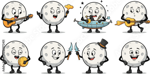 Cartoon moon, funny characters, musical illustration, anthropomorphic drawing, comic style doodle, animated moon clipart, playful space design, celestial cartoon sketch