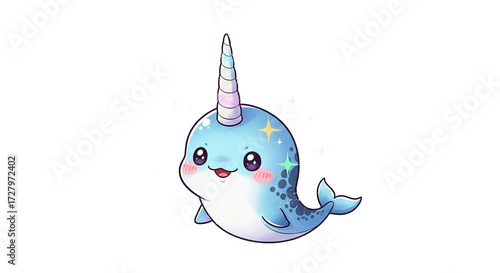 Cartoon narwhal with horn smiling on white background with sparkles.