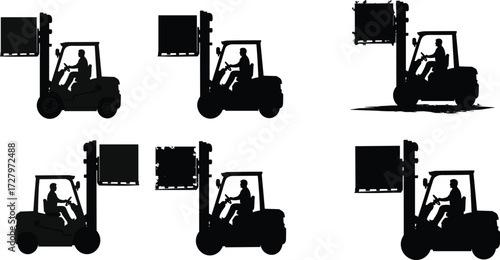 Forklift silhouette illustration, warehouse lifting trucks, heavy duty cargo vehicles, industrial machines, pallet lifting equipment, transport loaders, construction forklift operator, logistics.