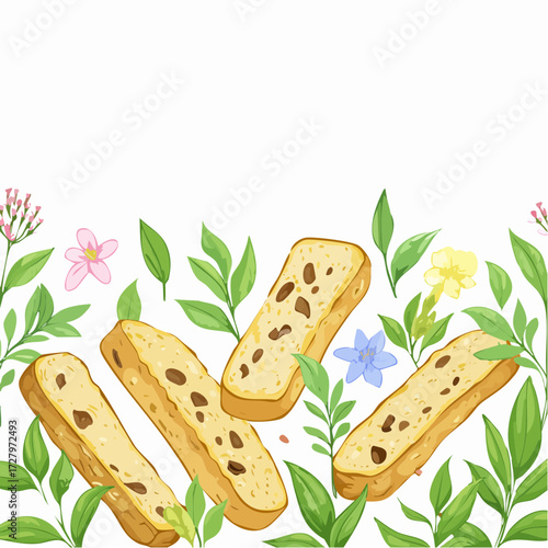 A beautiful hand-drawn watercolor illustration of sweet raisin biscotti with lush green leaves and flowers