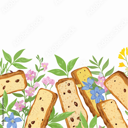 Delicious Raisin Bread Slices with Delicate Pink and Blue Flowers Border