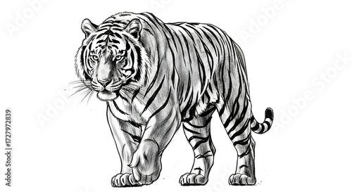 Tiger illustration walking forward in black and white on a white background.