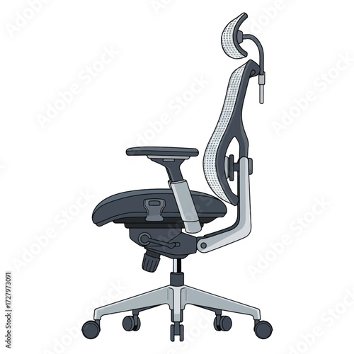 Side view of a modern ergonomic office chair with adjustable features and mesh backrest, designed for comfort and productivity.