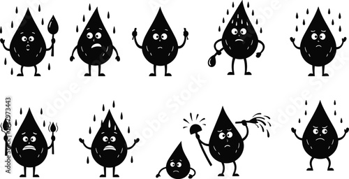 Cartoon water droplets, funny characters, anthropomorphic illustration, kids drawing, comic style doodle, animated droplet clipart, sweating water drop, playful sketch