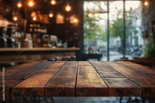 Empty rustic wooden table with blurred cozy cafe interior and warm hanging lights in the background